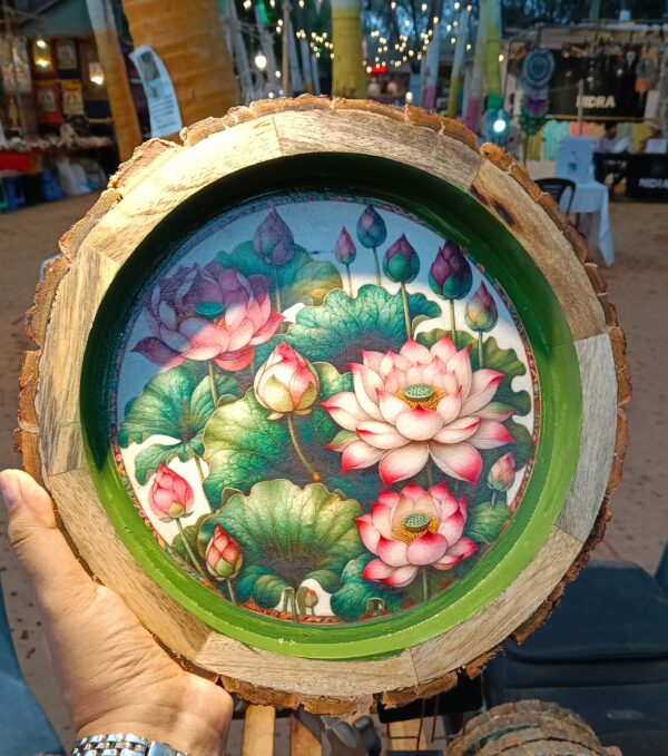 Sacred Lotus Reverie - Handcrafted Wooden Art Tray
