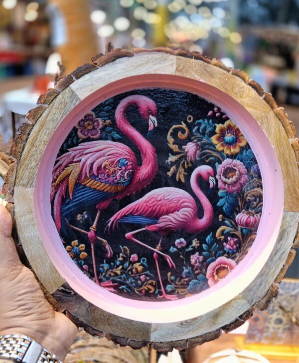Flamingo Garden Bliss Handcrafted Wooden Art Tray and Wall Art