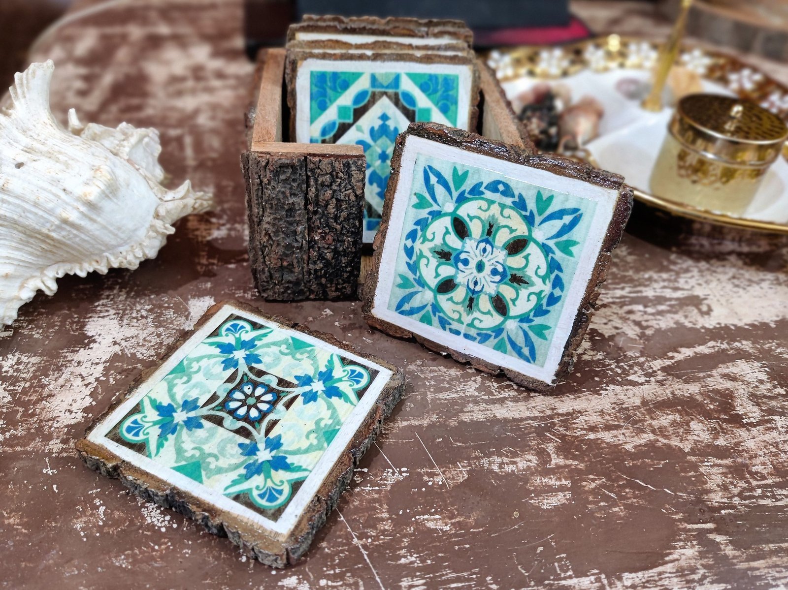 Moroccan Tile Art - Wooden Handcrafted Set of 6 Coasters