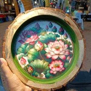 Sacred Lotus Reverie - Handcrafted Wooden Art Tray